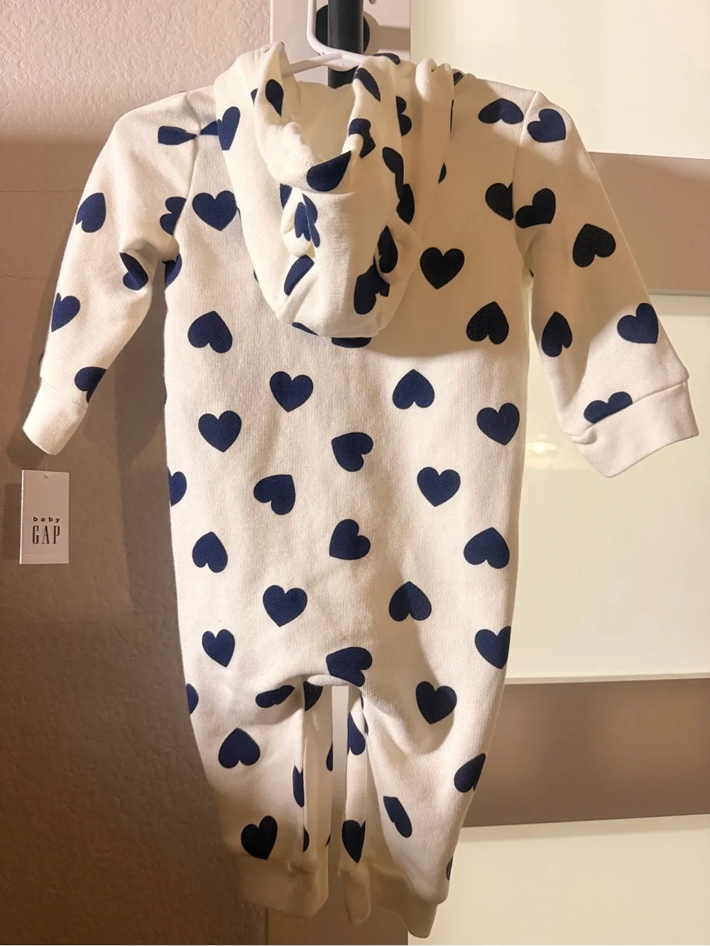 GAP White One-Piece Romper with Navy Heart Print and Red Heart Patch